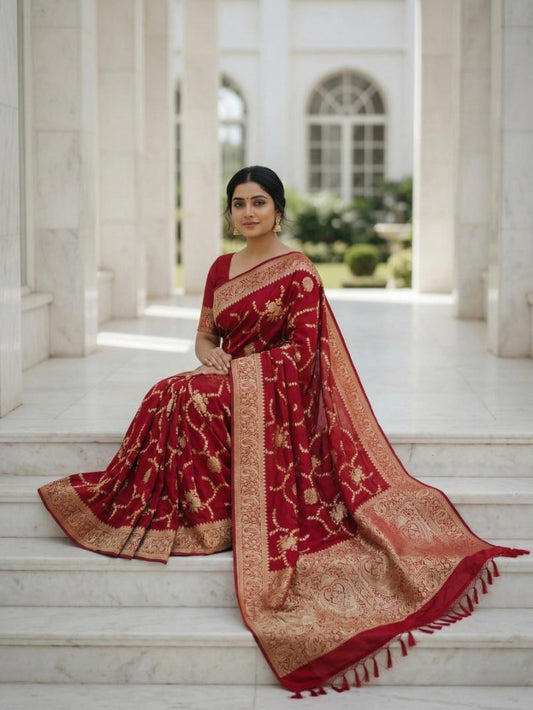 Classic Red Silk Saree with Intricate Gold Zari & Regal Woven Pallu