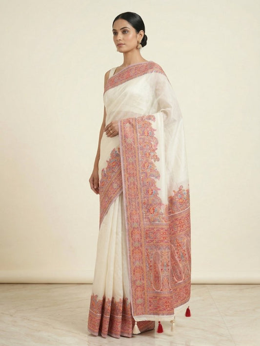 Ivory Pashmina Work Saree with Intricate Kashmiri Embroidery & Artistic Border