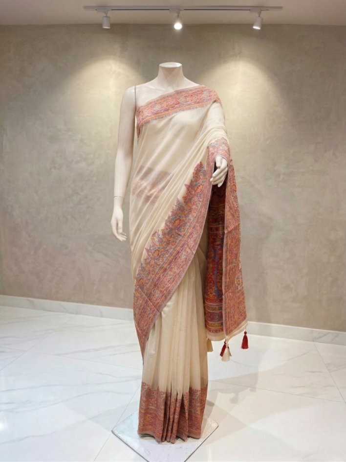 Ivory Pashmina Work Saree with Intricate Kashmiri Embroidery & Artistic Border