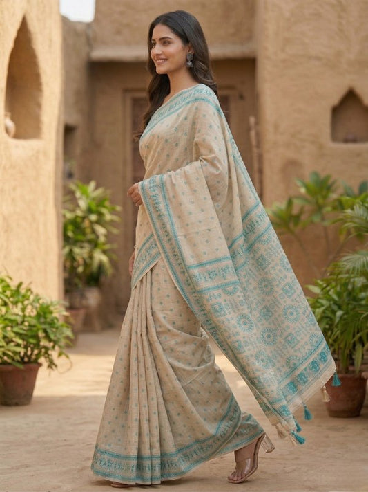 Beige Jamdani Cotton Saree with Bastar Print & Teal Woven Border