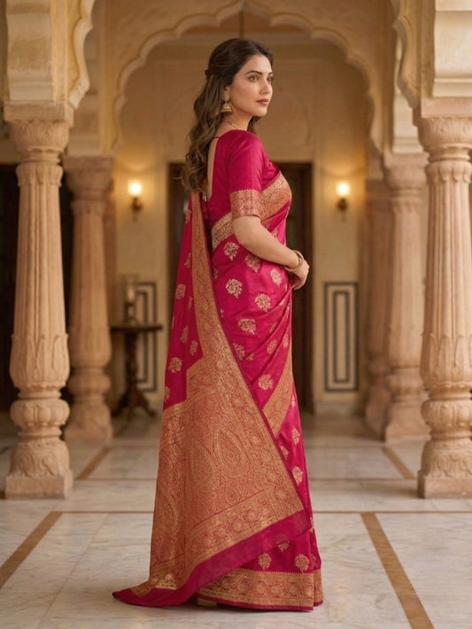 Rani Pink Banarasi Silk Saree with Gold Zari Motifs & Regal Border