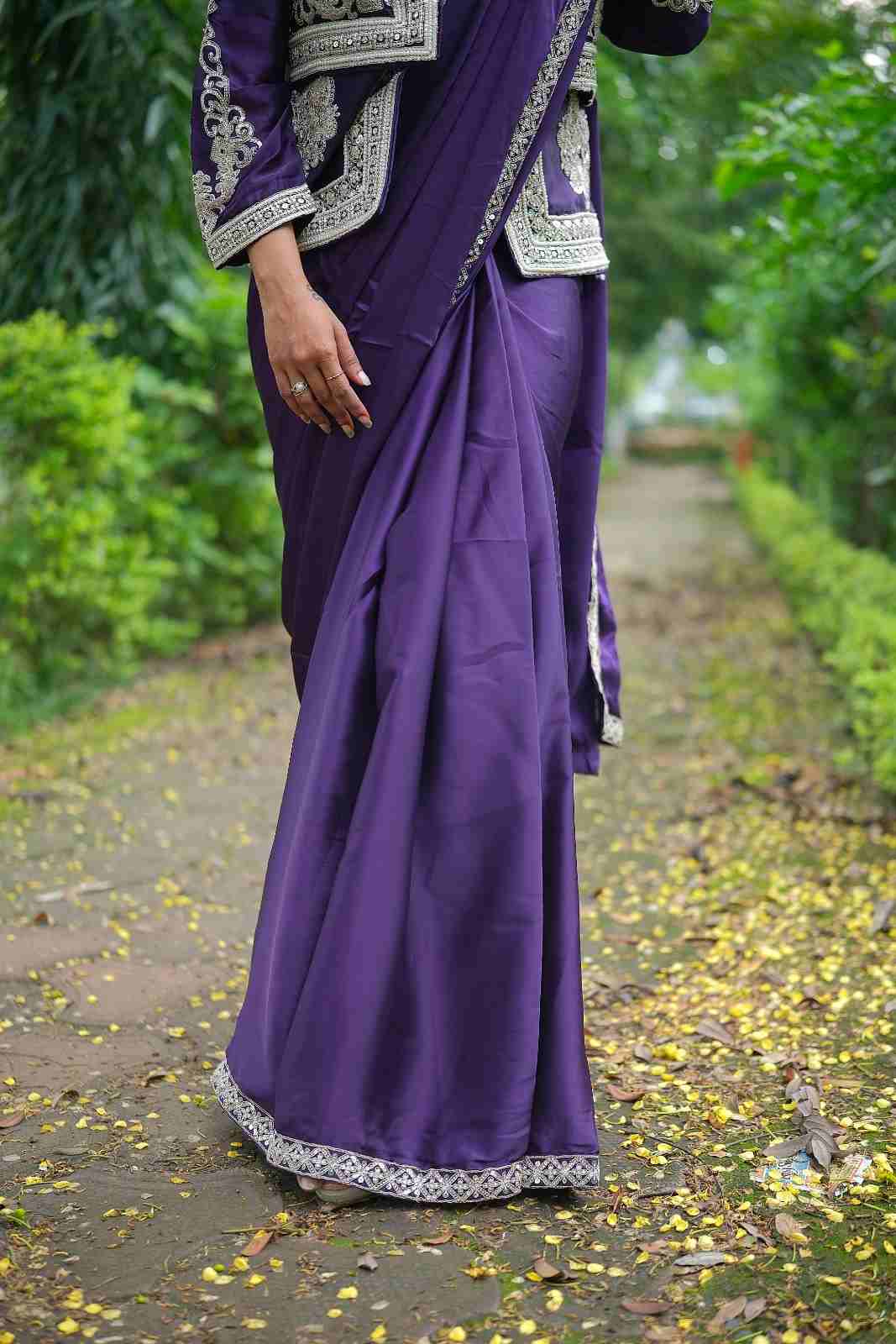 Royal Purple Indo-Western Saree with Ready-Made Blouse & Jacket