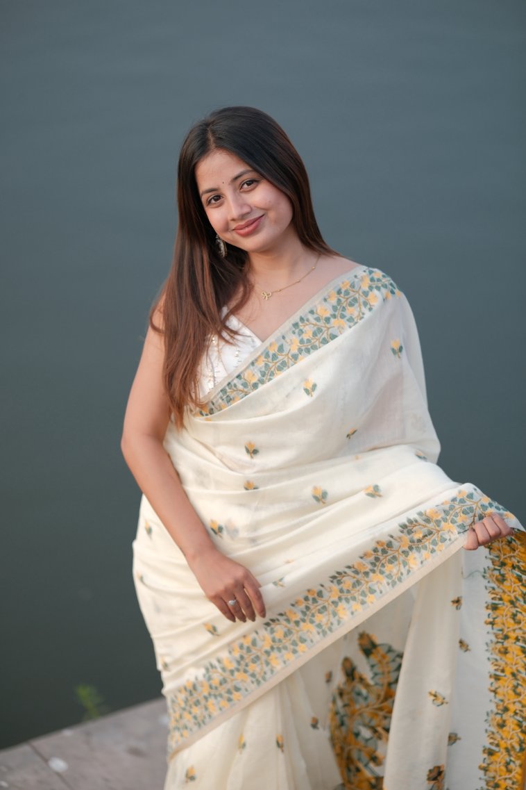 Noor Ivory Cotton Saree with Delicate Floral Vines