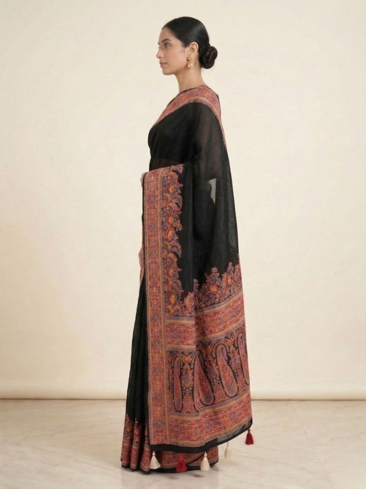 Black Pashmina Embroidered Saree with Paisley Border