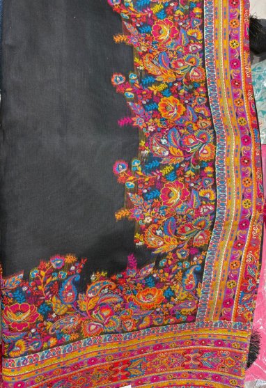 Black Pashmina Embroidered Saree with Paisley Border