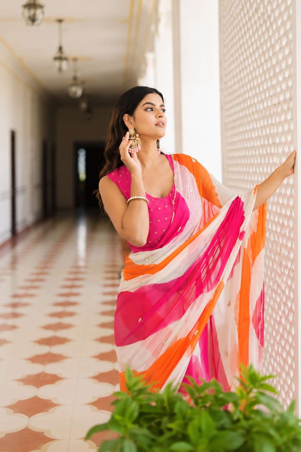 Pink & Orange Leheriya Chiffon Saree