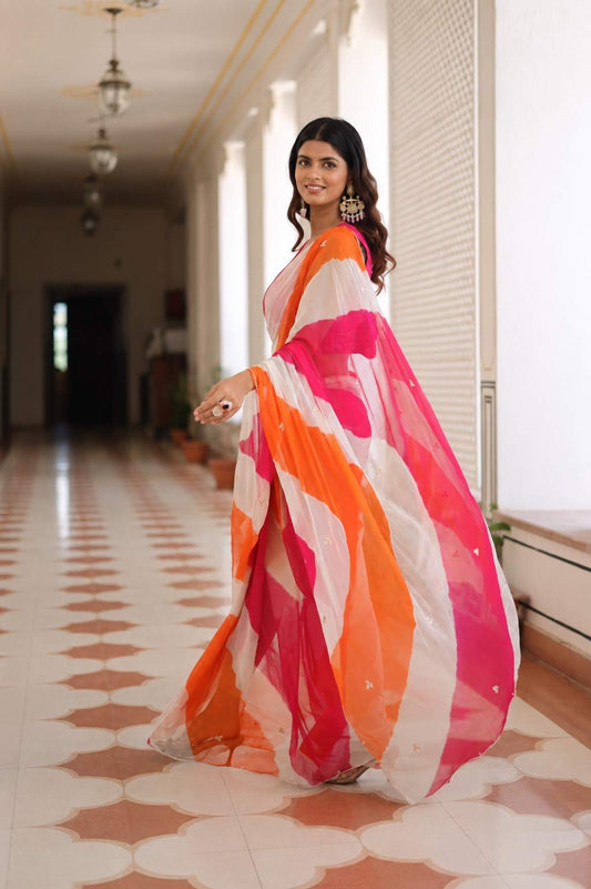 Pink & Orange Leheriya Chiffon Saree