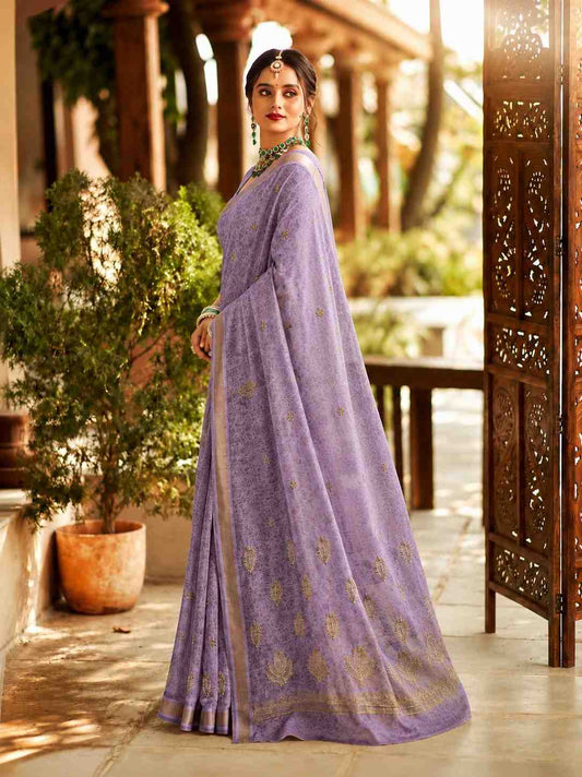 Lavender Linen Cotton Saree with Woven Floral Motifs & Elegant Zari Border