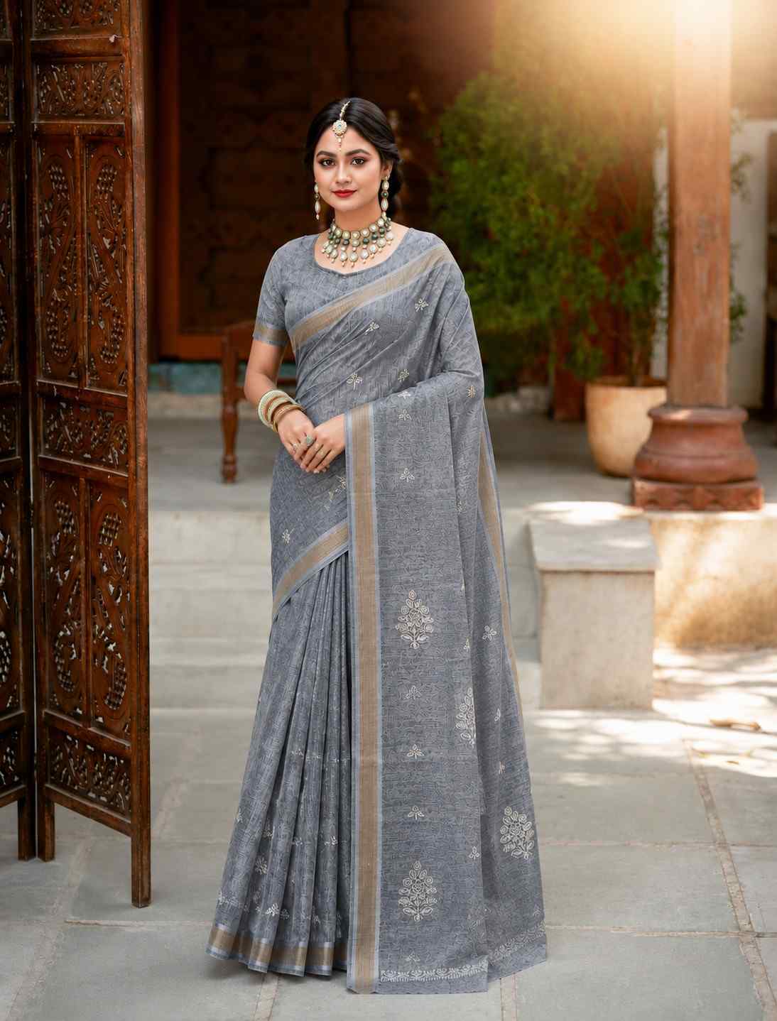 Grey Linen Cotton Saree with White Woven Floral Motifs & Elegant Zari Border