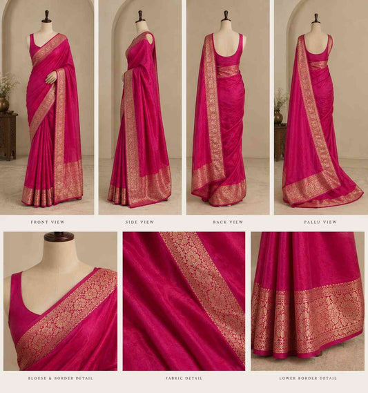 Rani Pink Silk Saree with Intricate Zari Border