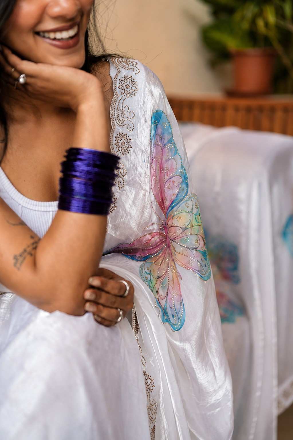 Ivory White Italian Glass Chiffon Saree with Pastel Butterfly Handwork