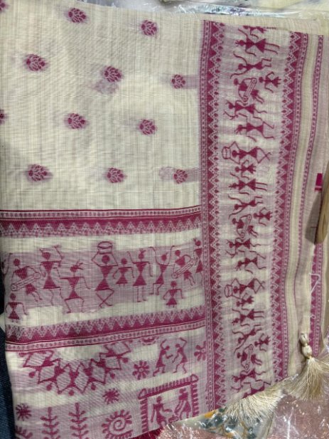 Magenta Jamdani Cotton Saree with Bastar Print & Contrast Woven Border