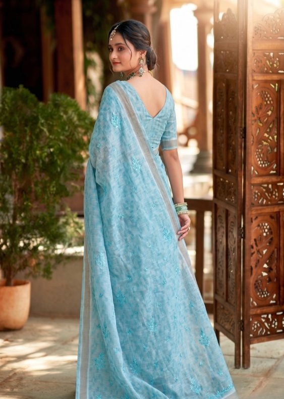 Elegant Sky Blue Cotton Saree with Silver Border