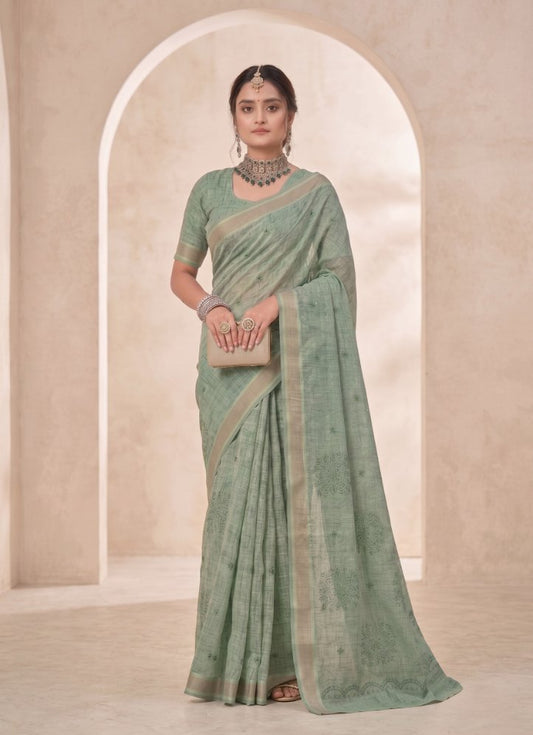 Sage Green Linen Cotton Saree with Elegant Border