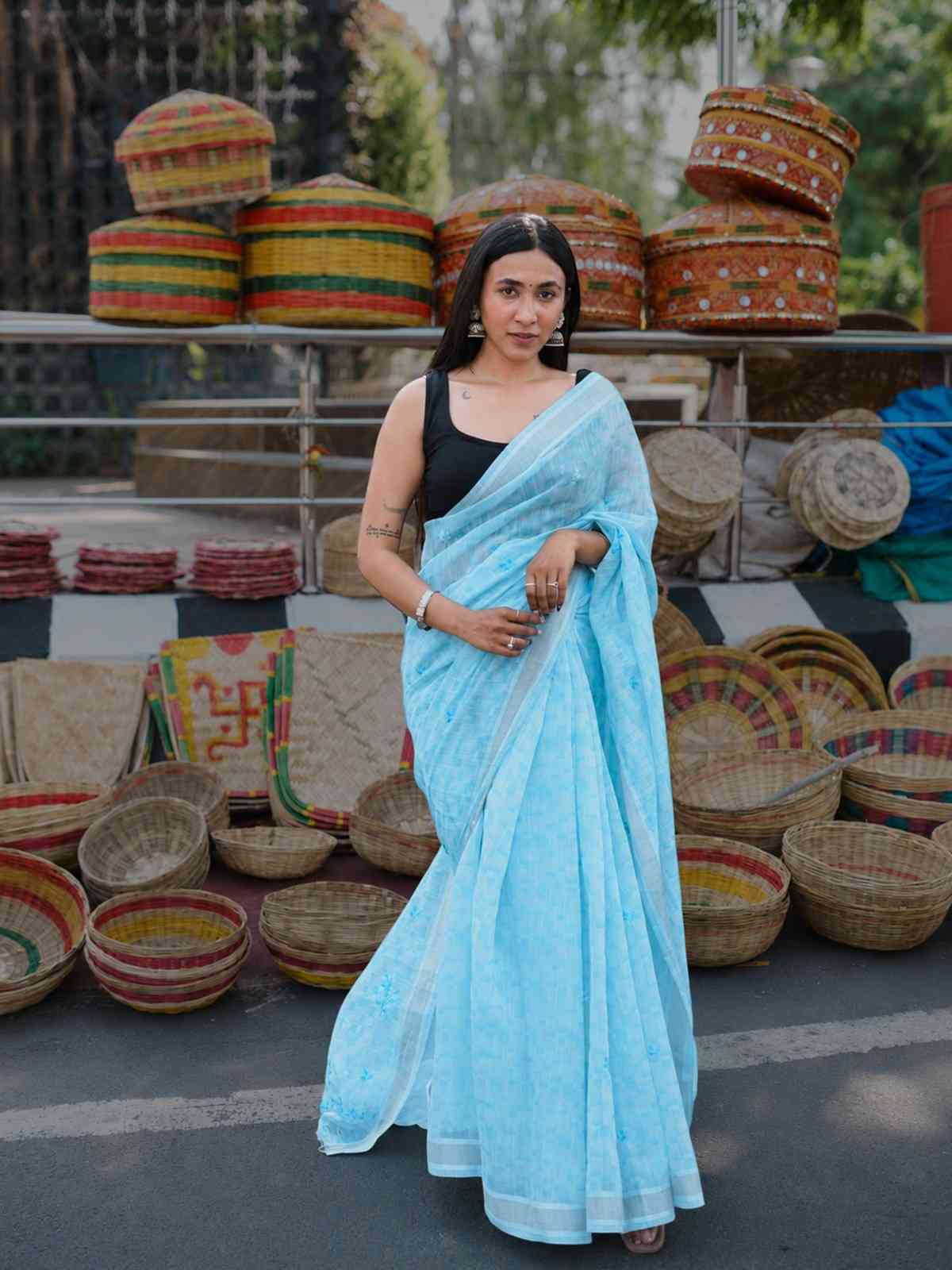 Aqua Blue Cotton Saree with Silver Border