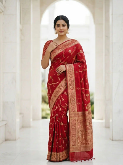 Classic Red Silk Saree with Intricate Gold Zari & Regal Woven Pallu