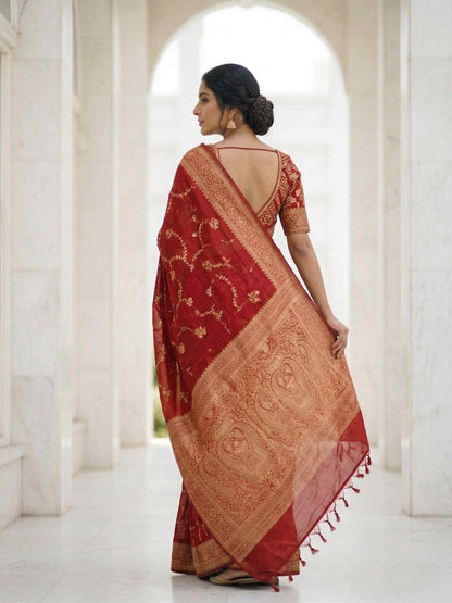 Classic Red Silk Saree with Intricate Gold Zari & Regal Woven Pallu