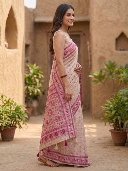 Soft Pink Jamdani Cotton Saree with Bastar Print & Contrast Woven Border