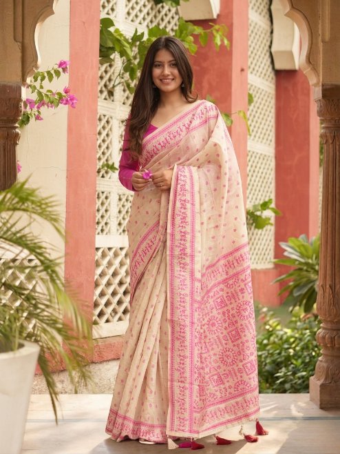 Soft Pink Jamdani Cotton Saree with Bastar Print & Contrast Woven Border