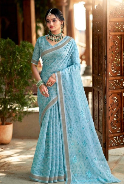 Elegant Sky Blue Cotton Saree with Silver Border