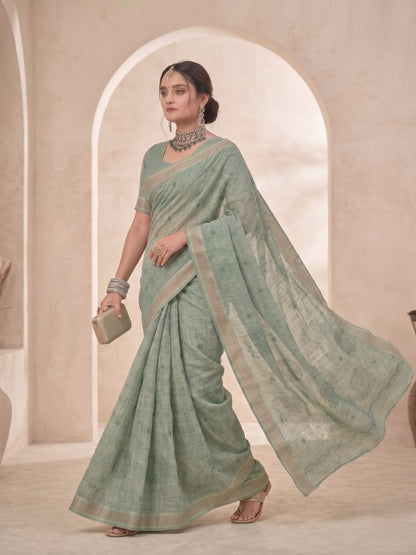 Sage Green Linen Cotton Saree with Elegant Border