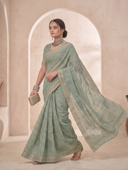 Sage Green Linen Cotton Saree with Elegant Border