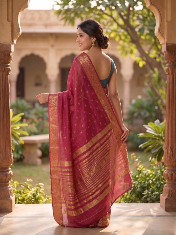 Magenta Silk Saree with Intricate Gold Zari Border & Regal Woven Pallu