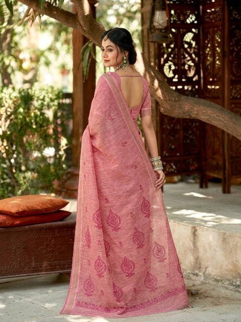 Dusty Rose Linen Cotton Saree with Subtle Buta Motifs & Elegant Border