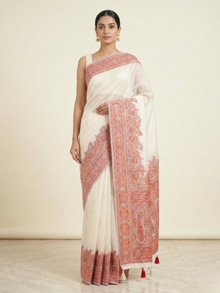 Ivory Pashmina Work Saree with Intricate Kashmiri Embroidery & Artistic Border