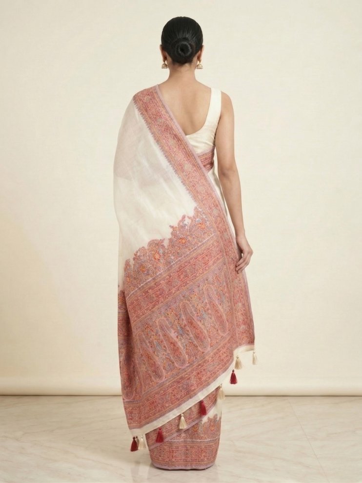 Ivory Pashmina Work Saree with Intricate Kashmiri Embroidery & Artistic Border