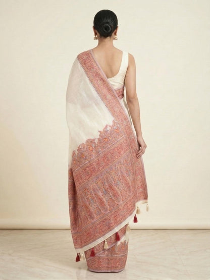 Ivory Pashmina Work Saree with Intricate Kashmiri Embroidery & Artistic Border