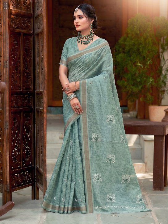 Green Handloom Cotton Saree with Elegant Woven Border