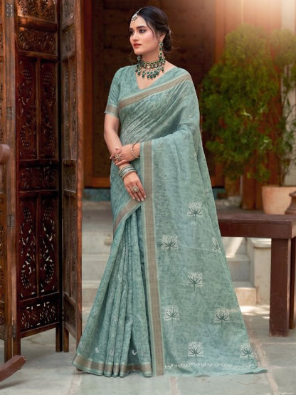 Green Handloom Cotton Saree with Elegant Woven Border