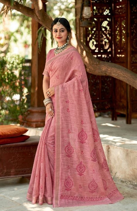 Dusty Rose Linen Cotton Saree with Subtle Buta Motifs & Elegant Border