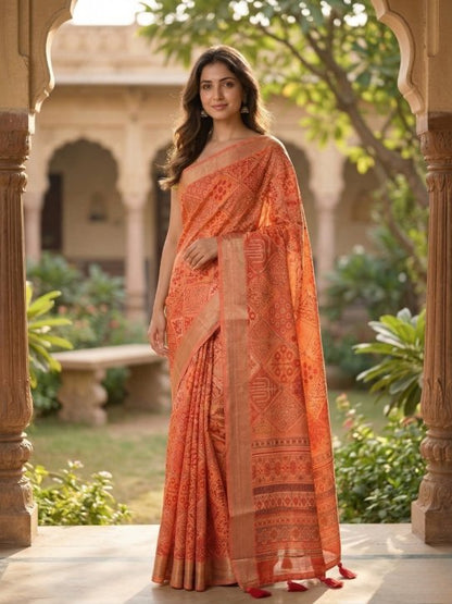 Rust Orange Art Silk Saree with Intricate Woven Motifs & Elegant Zari Border