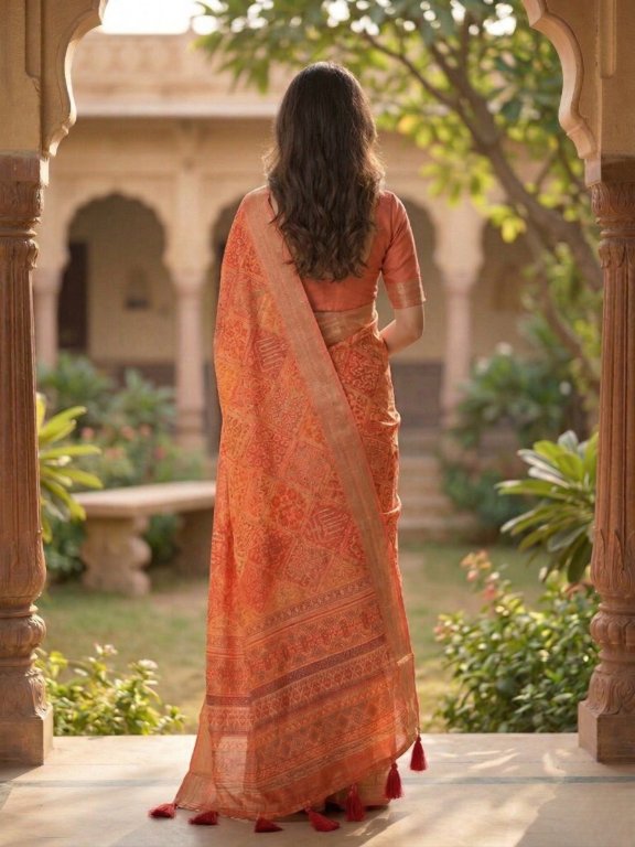 Rust Orange Art Silk Saree with Intricate Woven Motifs & Elegant Zari Border