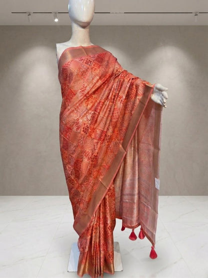 Rust Orange Art Silk Saree with Intricate Woven Motifs & Elegant Zari Border