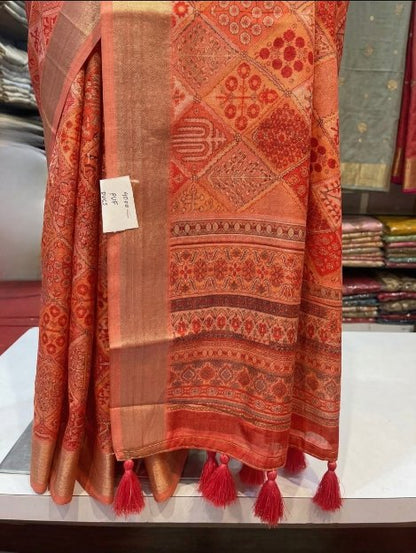 Rust Orange Art Silk Saree with Intricate Woven Motifs & Elegant Zari Border