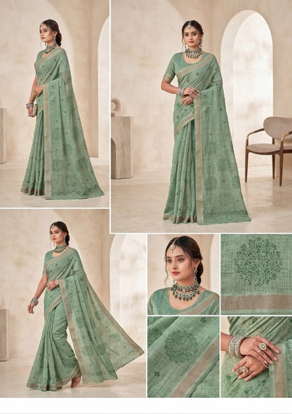 Sage Green Linen Cotton Saree with Elegant Border
