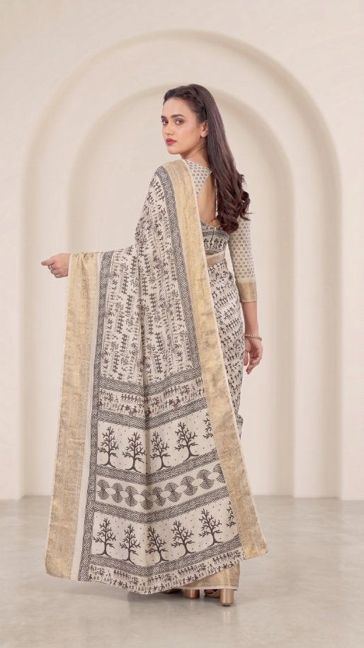 Ivory Cotton Saree with Bastar Tribal Print & Elegant Gold Border