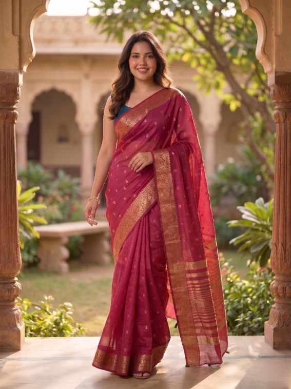 Magenta Silk Saree with Intricate Gold Zari Border & Regal Woven Pallu