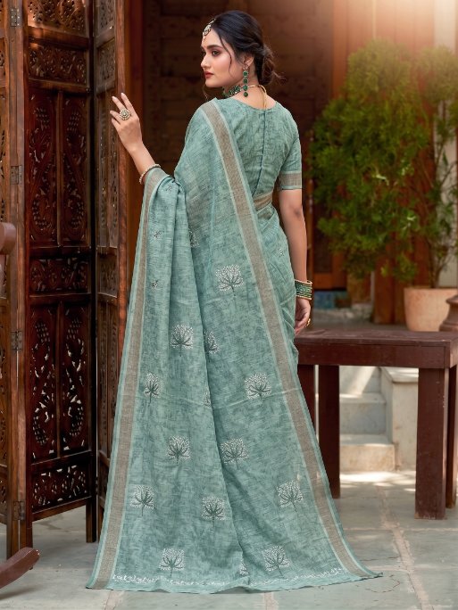 Green Handloom Cotton Saree with Elegant Woven Border