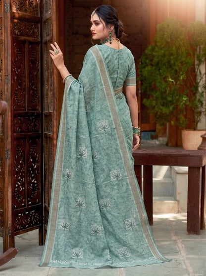 Green Handloom Cotton Saree with Elegant Woven Border