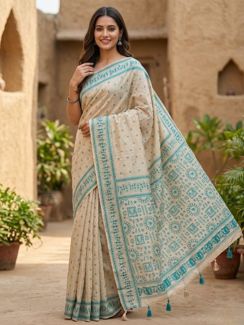 Beige Jamdani Cotton Saree with Bastar Print & Teal Woven Border