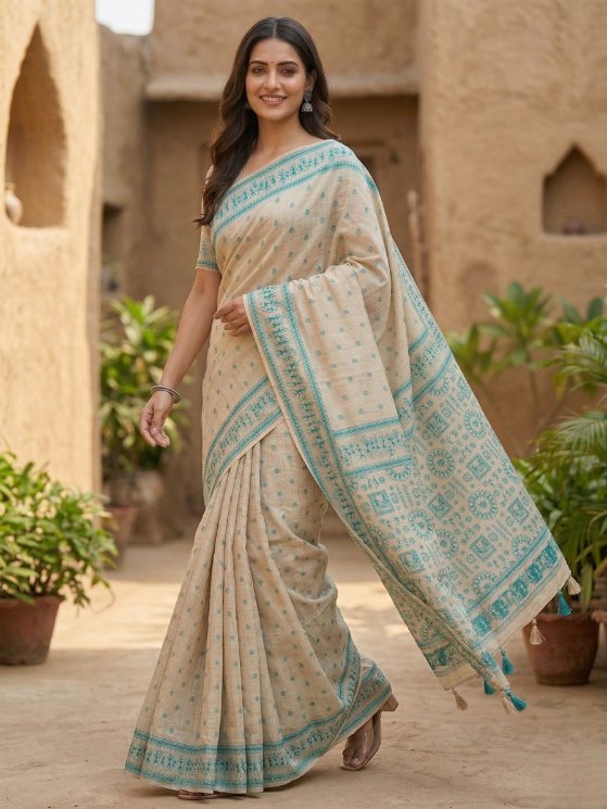 Beige Jamdani Cotton Saree with Bastar Print & Teal Woven Border