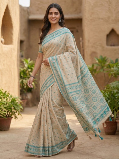 Beige Jamdani Cotton Saree with Bastar Print & Teal Woven Border
