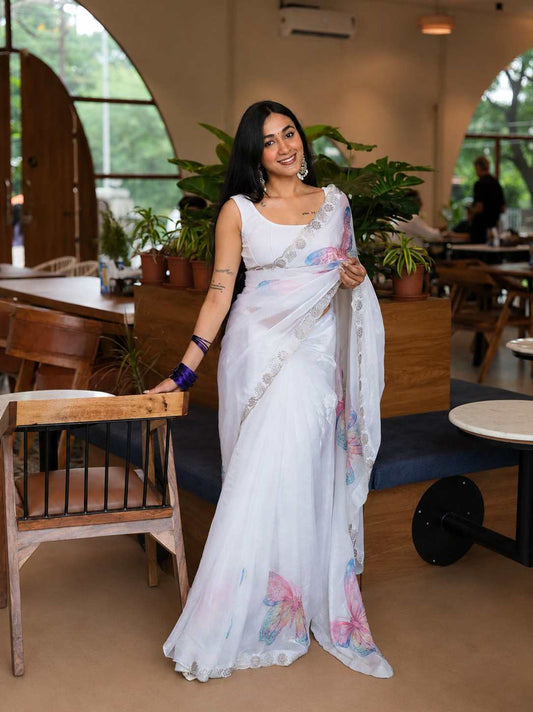 Ivory White Italian Glass Chiffon Saree with Pastel Butterfly Handwork