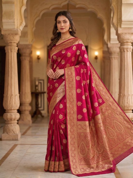 Rani Pink Banarasi Silk Saree with Gold Zari Motifs & Regal Border