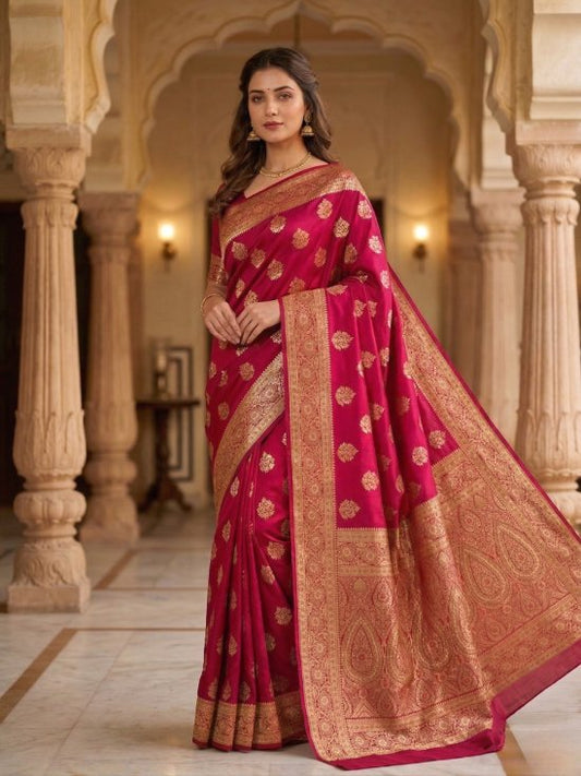 Rani Pink Banarasi Silk Saree with Gold Zari Motifs & Regal Border