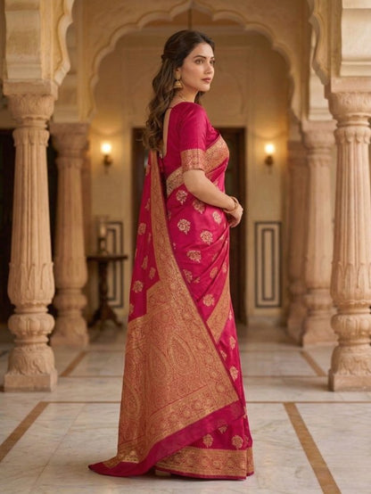Rani Pink Banarasi Silk Saree with Gold Zari Motifs & Regal Border
